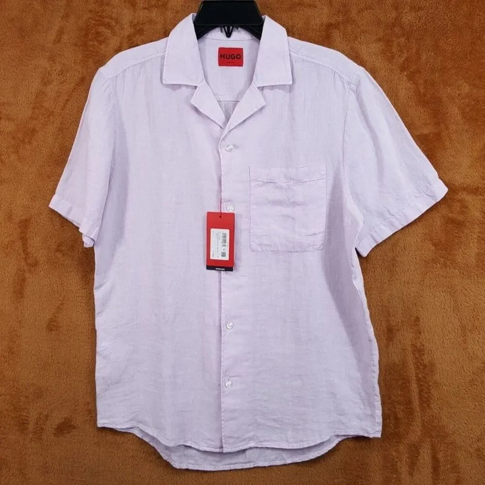 HUGO BOSS Button Up Shirt Mens Medium Purple Linen Pocket ELLINO $118